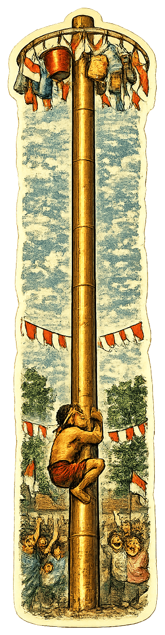 Panjat pinang — climber starting from the ground