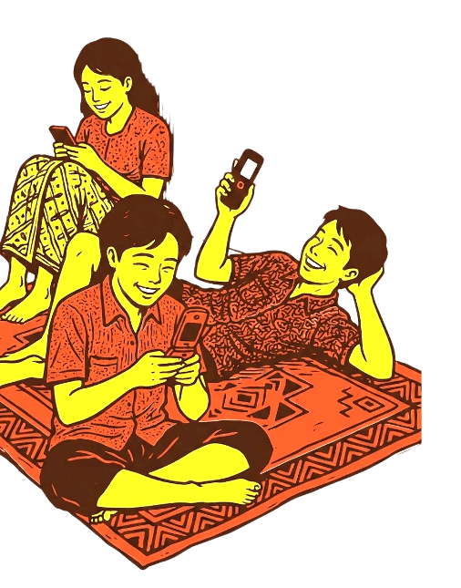 Family sharing phones on a woven mat