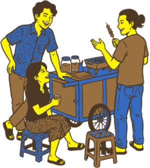 Friends gathering at a kaki lima street cart