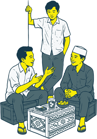 Neighbors chatting over coffee at a warung