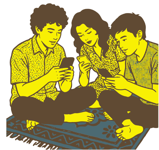 Three friends on a carpet, phones out
